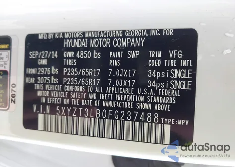 2015 Hyundai Santa Fe Sport 2.4L z USA, uszkodzony, nr VIN 5XYZT3LB0FG237488